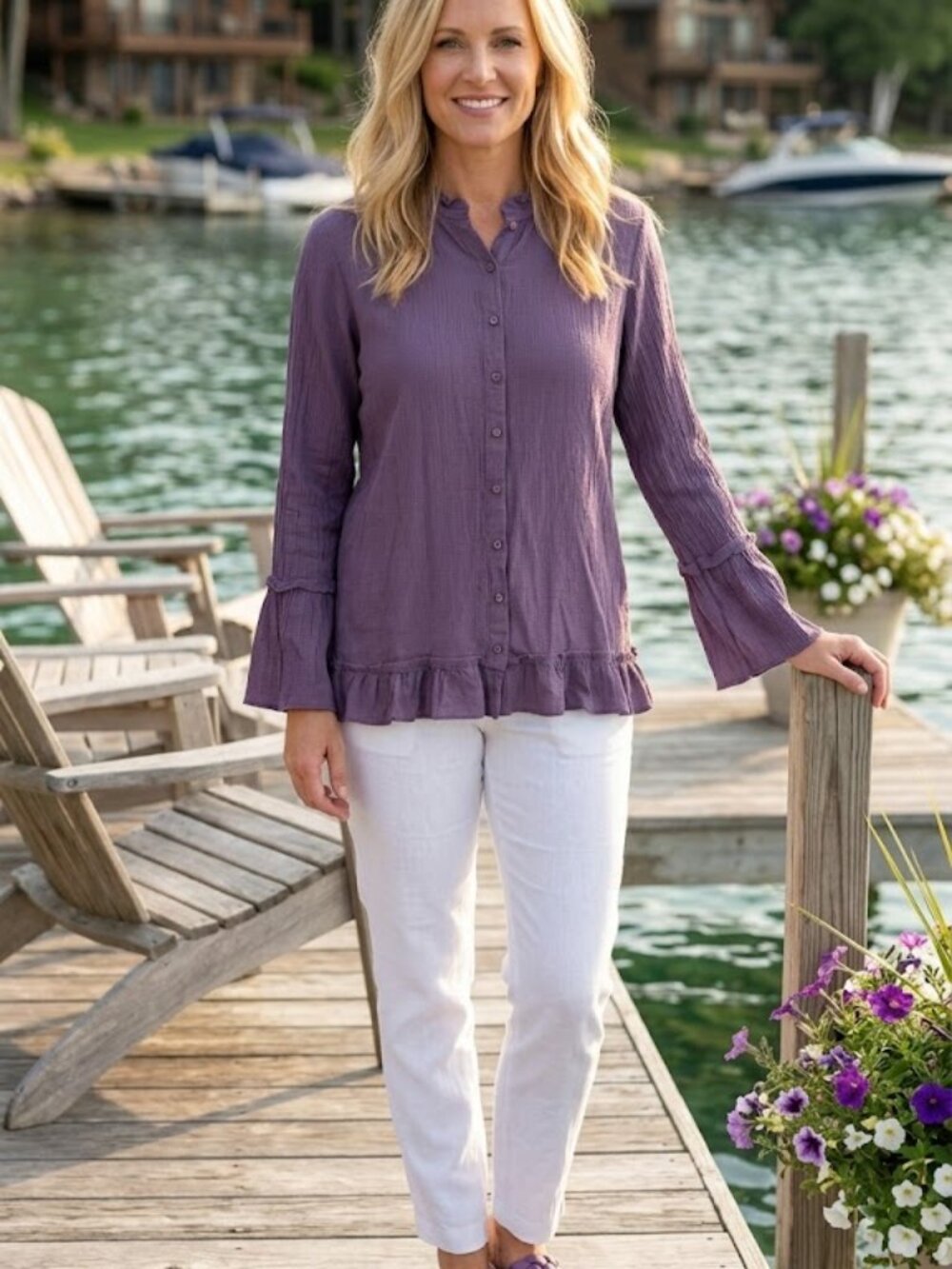 Flax Purple Gauze Button Down Ruffle Bell Sleeve Top Size Medium
